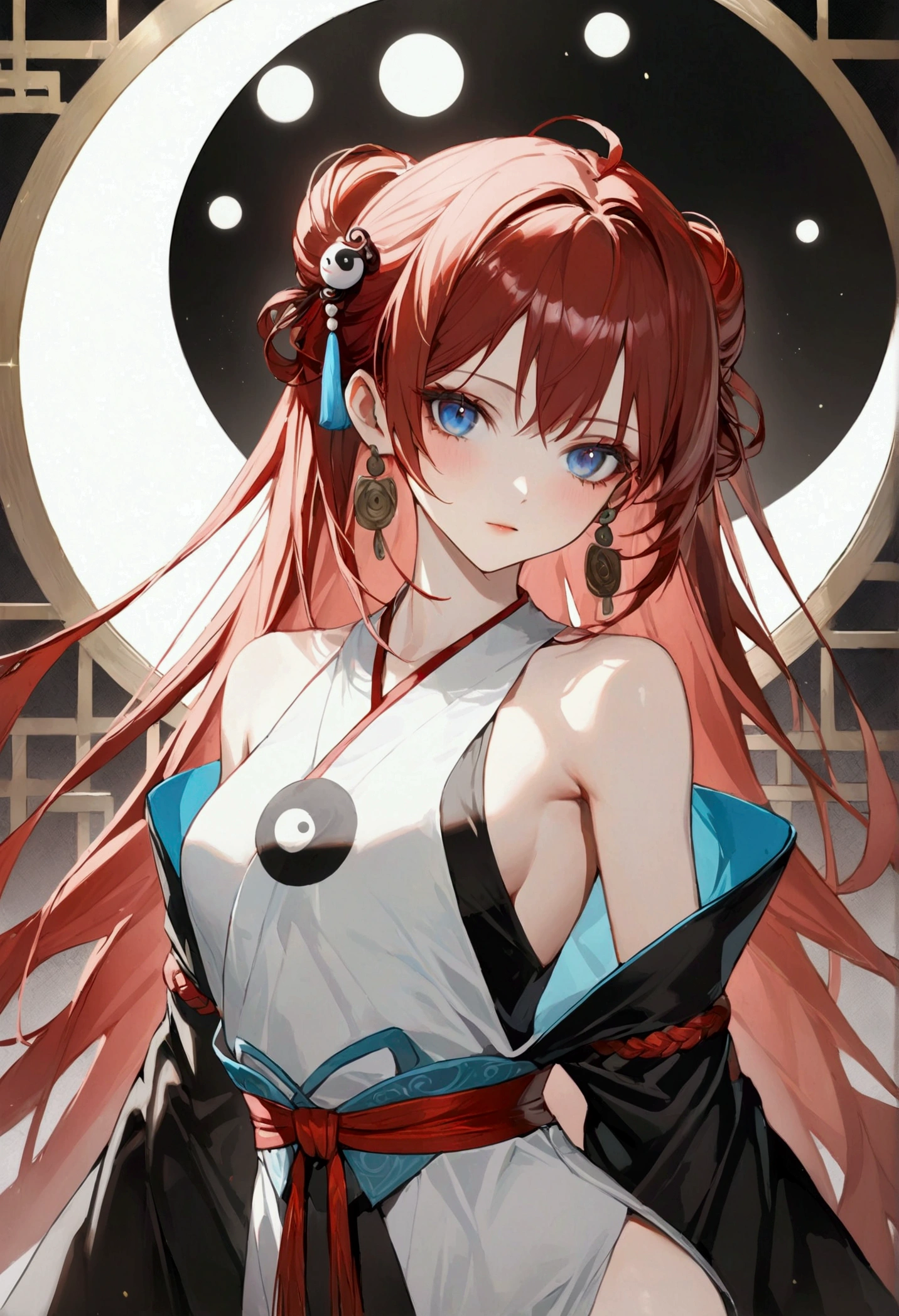 A girl with red hair, blue eyes, fair skin tone, slender and athletic built, ying yang robes, detailed hair, detailed body, aesthetic, best quality, 8k