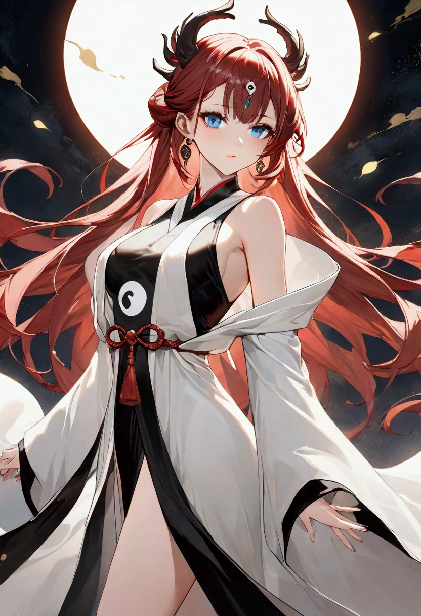 A girl with red hair, blue eyes, fair skin tone, slender and athletic built, ying yang robes, detailed hair, detailed body, aesthetic, best quality, 8k