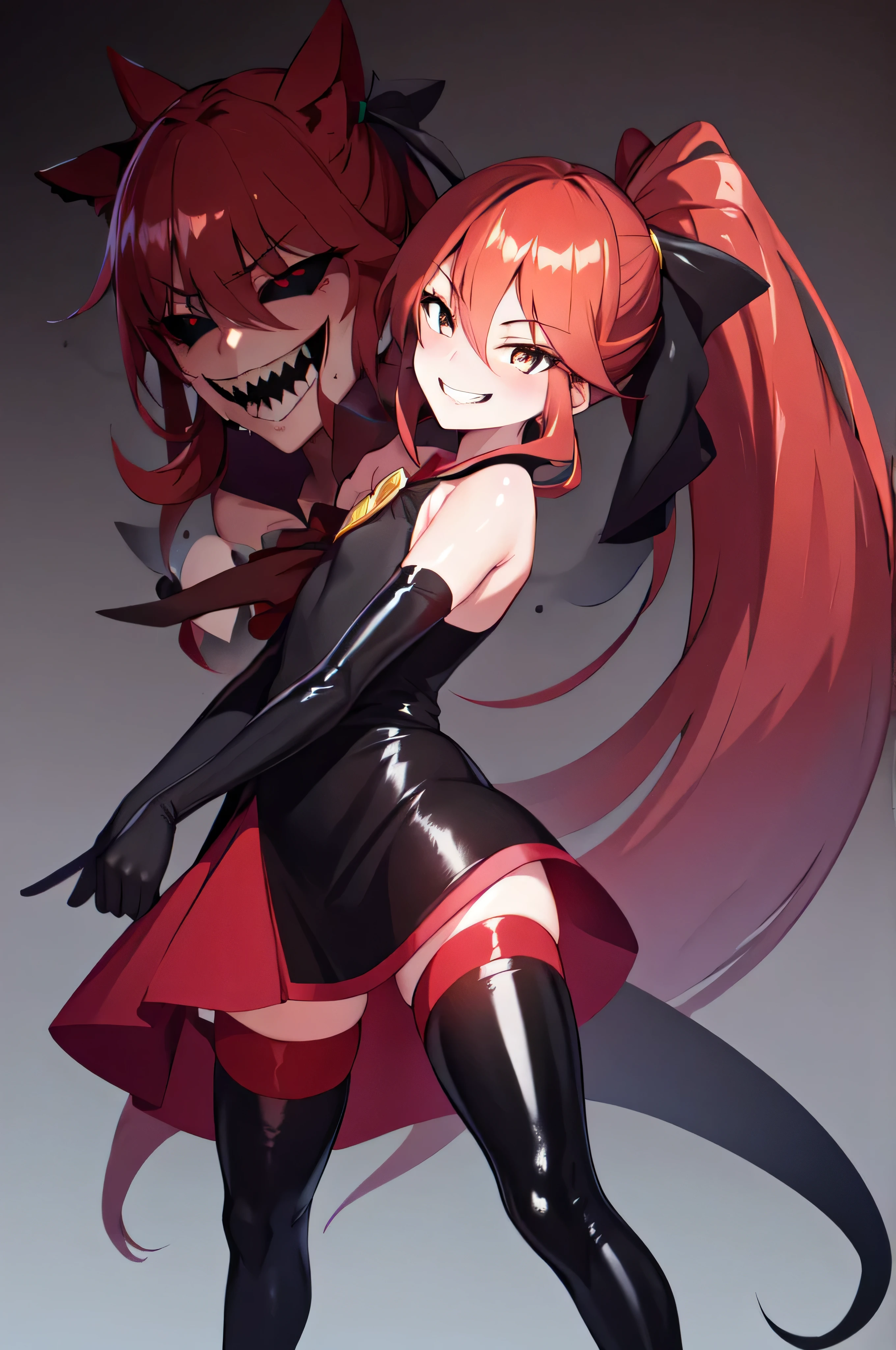 Highest quality, masterpiece, One Girl,Not beautiful, Red Ponytail, Long dress, brooch, Hair Ribbon, Black knee socks,Standing on Hell, (Wicked Smile:1.1), ,,Dark shadowed face,Sadistic smile,Malice,Contempt,smile,latex,Bad face,,Red Skirt,two hands,Two legs,five fingers,evil background,elbow gloves,latex, Wicked Smile, devilish aura (Shiny fabric:1.5),Dark world background,solo,