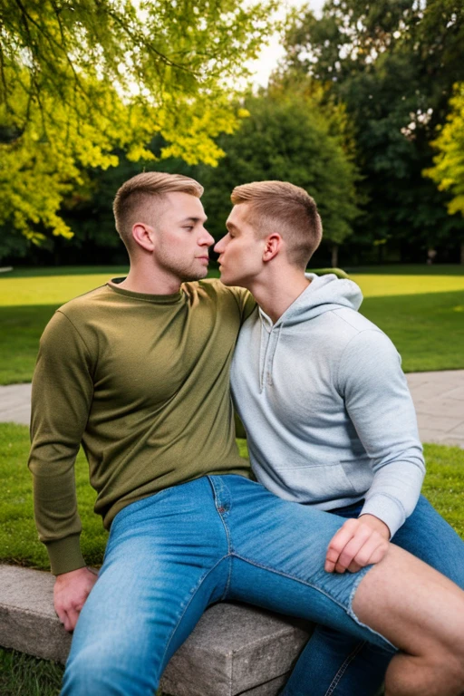 Two men, photo realistic. A 16-year-old, handsome, lean man with short-cut, blond hair and blue eyes, wearing a brown sweatshirt, and khaki pants, sitting in the lap of a 17-year-old, handsome, athletic, Caucasian man with short, shaved brown hair, and blue eyes, wearing a blue and yellow jersey, and jeans, kissing, groping each other, laying on a grassy field, by a pond in a large city park, at night. Masculine, erotic, sexy, romantic, love, huge bulge.
