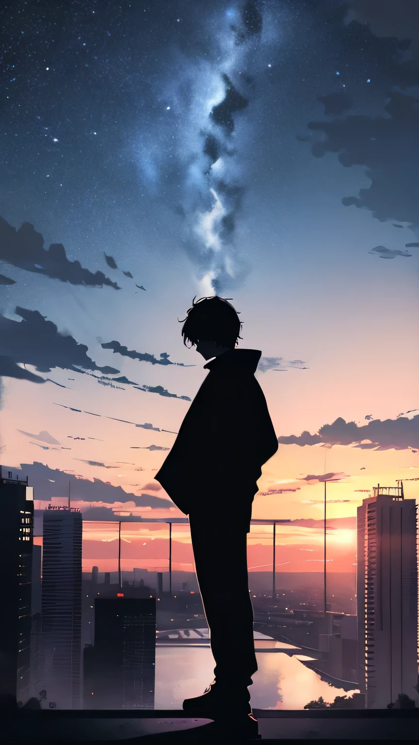 Japanese cartoons，Silhouette，1 young male，Standing on top of the building，dusk，night, Night Sky, Sunset, Skyline, Dream