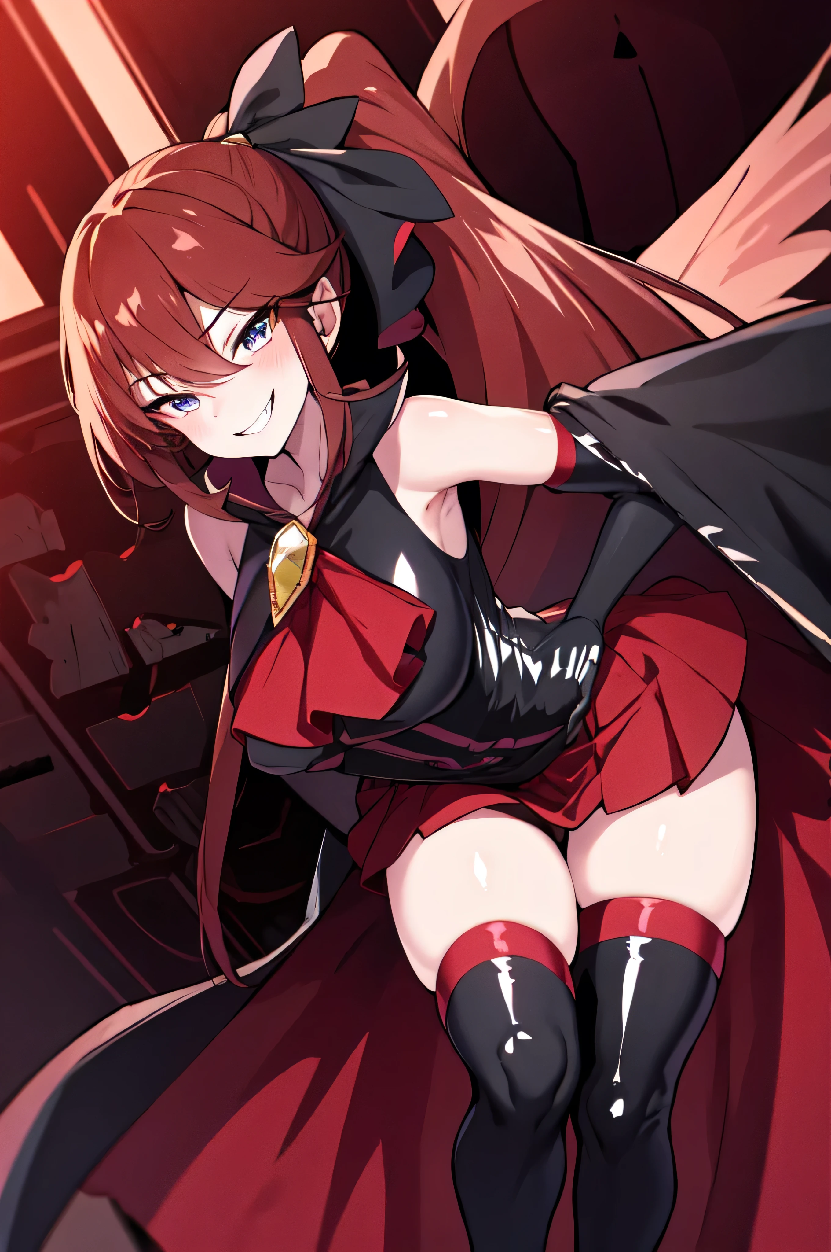 Highest quality, masterpiece, One Girl,Not beautiful, Red Ponytail, Long dress, brooch, Hair Ribbon, Black knee socks,Standing on Hell, (Wicked Smile:1.1), ,,Dark shadowed face,Sadistic smile,Malice,Contempt,smile,latex,Bad face,,Red Skirt,two hands,Two legs,five fingers,evil background,elbow gloves,latex, Wicked Smile, devilish aura (Shiny fabric:1.5),Dark world background,solo,