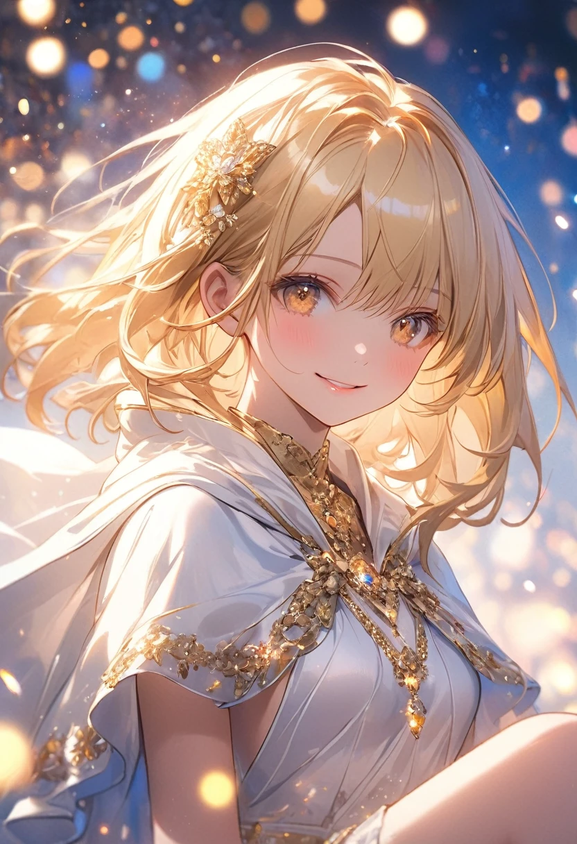(master piece),(4k),high quality,(small breasts),1girl,long blonde hair,pale skin,smile,beautiful detailed gold eyes, (Highly detailed elegant),(white capelet fashion), Magical colors and atmosphere, Detailed skin,(cute sparkle), light particles,The background is soft and blurry,Add a dramatic and symbolic element to your scene, Depth of written boundary, Bokeh, Silky to the touch, Hyper Detail,sitting,create an ethereal atmosphere like a dream