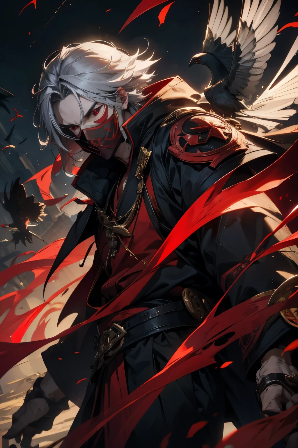Tengu、He has a red mask on his face。Gray Hair、High resolution、8k、Many crows are flying in the background、masterpiece、He is an attractive male god.。