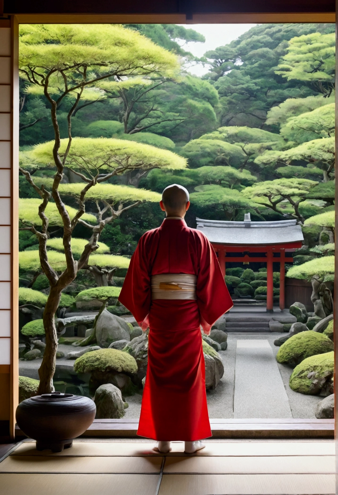 Shinto、Priest、shrine、Japanese-style garden、A view of the garden from the veranda、White and red kimono、Long-haired men