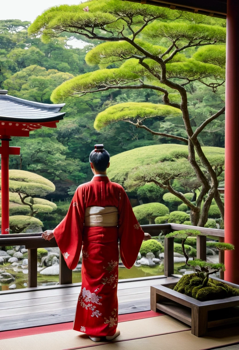 Shinto、Priest、shrine、Japanese-style garden、A view of the garden from the veranda、White and red kimono、Long-haired men