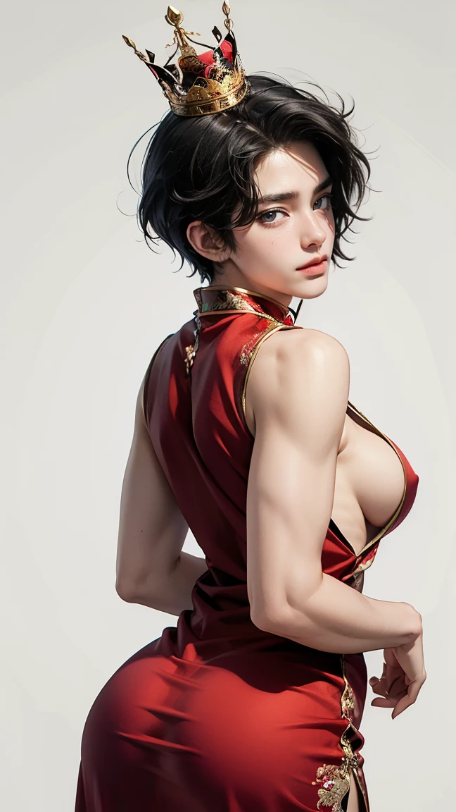 a male, big butt, big tits, wearing a crown, filler-lips , short black male style hair, wear a sexy Chinese red dress, show off his big butt, simple background