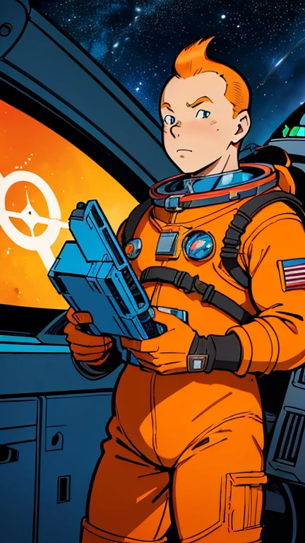 (Teens:1man: Tintin), (extremely detailed CG unit 8k wallpaper),(master part), (best quality), (ultra detali), (best illustration),(in the style of jack kirby), cowboy shot, (Sharp eyeliner, ombre, detailed eyes:1),Dark midnight derelict spaceship interiors background, ,break , (astronaut in an orange space suit), upper body, short hair, orange hair