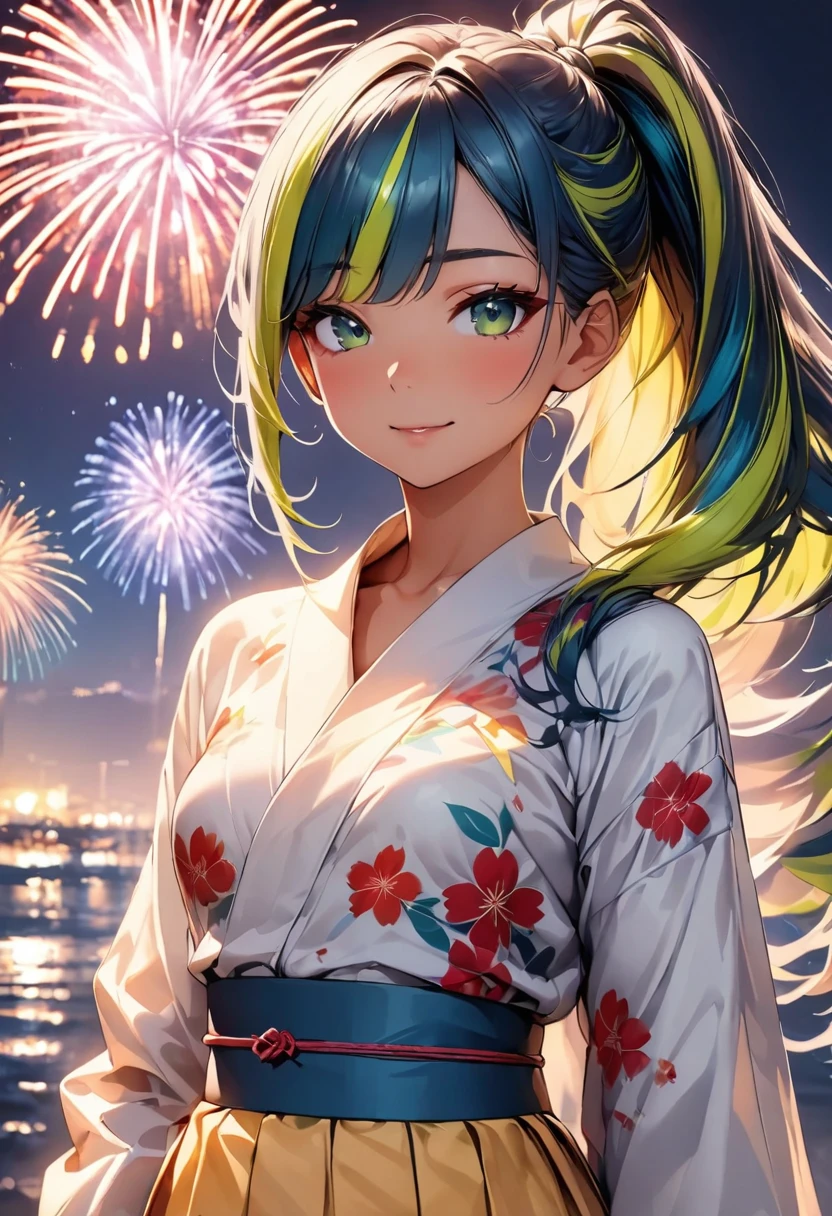 (highest quality:1.2, Very detailed, up to date, Vibrant, Ultra-high resolution, High Contrast, masterpiece:1.2, highest quality, Best aesthetics), Portraiture、girl、((25 years old:1.5)), (slim:1), 25 years old, (japanese traditional yukata), floral pattern yukata, sky blue color, thick yellow obi, Bright colors、Beautiful fine details、Beautiful lip detail、long hair、ponytail, white and yellow green ((streaked hair:1.6)), highlights hair: 1.5, (small breast,:1) (tan skin:1.1), There is a galaxy in the dark night sky, (Splendid fireworks bloom in the dark night sky),(Masterpiece fireworks),(many Colorful fireworks explode in the sky), Fireworks large and small, cowboy shot:1.5, look at viewer
