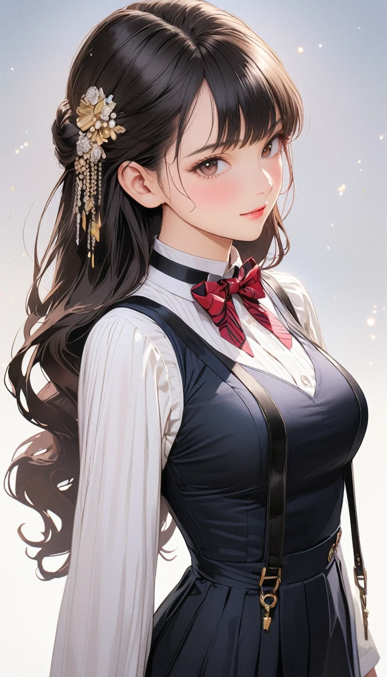 (Highest quality、masterpiece、High resolution、detailed), (Realistic skin texture:1.3), (detailedな目、Beautiful Face), One girl,, 3D Anime Real,, rtrophto1
break
//Fashion Vintage Chic,
Get retro vibes with a vintage chic outfit complete with bow tie and suspenders, Start with a tailored vest or waistcoat in a classic color like black., Navy blue, or charcoal grey, Pair with high-waisted pants or a pencil skirt for a sophisticated silhouette.。, Pair a crisp white button-down shirt with a colorful bow tie、Your individuality stands out。,
break
Layer on a pair of matching suspenders for a stylish and functional touch, Complete the ensemble with polished oxfords or loafers.、Wear your hair in soft waves or a sleek updo。, This vintage-inspired costume、Perfect for theme parties and cosplay events。, It embodies the timeless elegance of old Hollywood glamour.,
break
