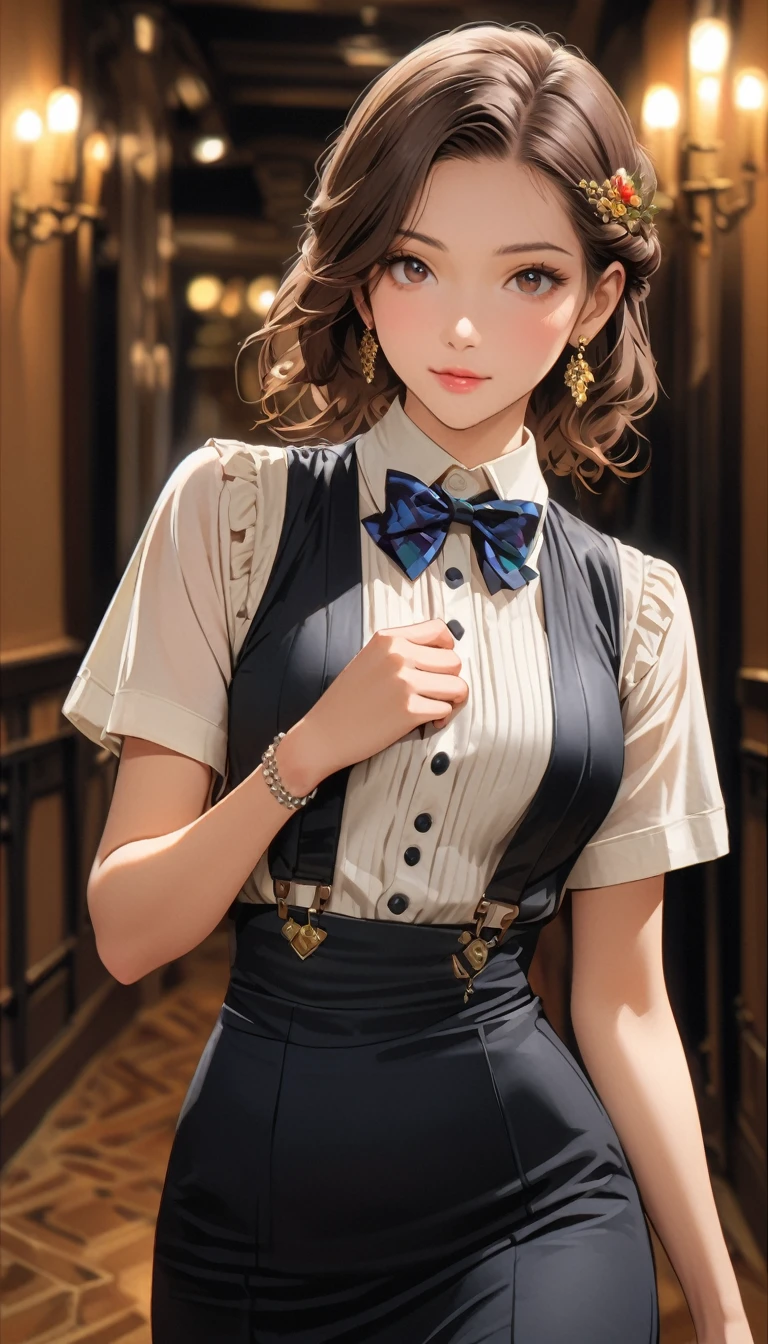 (Highest quality、masterpiece、High resolution、detailed), (Realistic skin texture:1.3), (detailedな目、Beautiful Face),  One girl,, 3D Anime Real,, rtrophto1
break
//Fashion Vintage Chic,
Get retro vibes with a vintage chic outfit complete with bow tie and suspenders, Start with a tailored vest or waistcoat in a classic color like black., Navy blue, or charcoal grey, Pair with high-waisted pants or a pencil skirt for a sophisticated silhouette.。, Pair a crisp white button-down shirt with a colorful bow tie、Your individuality stands out。, 
break
Layer on a pair of matching suspenders for a stylish and functional touch, Complete the ensemble with polished oxfords or loafers.、Wear your hair in soft waves or a sleek updo。, This vintage-inspired costume、Perfect for theme parties and cosplay events。, It embodies the timeless elegance of old Hollywood glamour.,
break