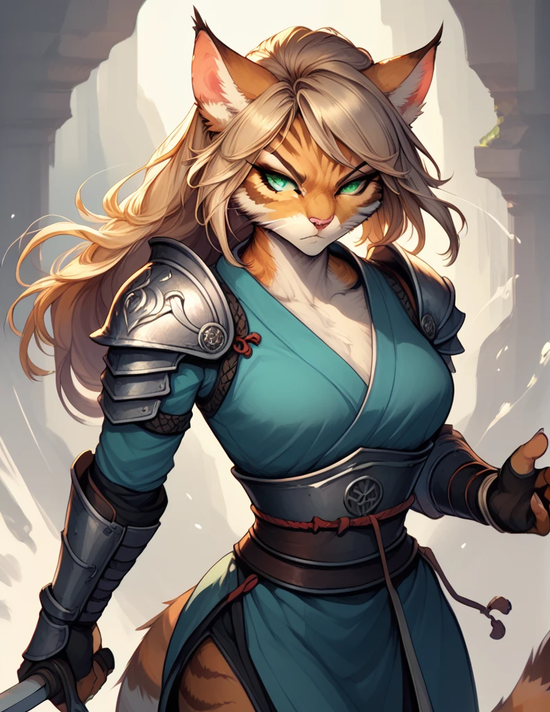 score_9,score_8_up,score_7_up, score_6_up, score_5_up,source_anime, Kat, Anthro furry feline, orange fur, green eyes, furrowed eyebrows, pink nose, :3, female, wearing Samurai Armor, form fitting, seductive pose, serious expression, cowboy shot, swinging sword, action shot