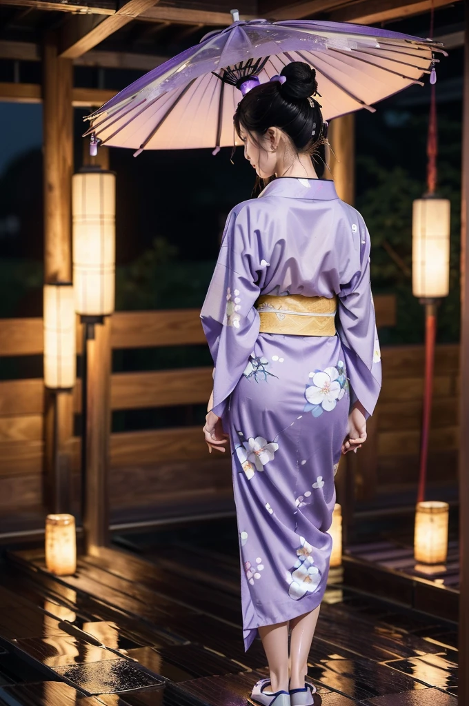 (((best quality))),(((ultra detailed))),(((masterpiece))),illustration,((1 beautiful Japannese girl,solo)),(neat bun:1.2),((slim,thin)),((small breasts,flat chest)),(in izakaya:1.3),(summer:1.2),(rainy:1.3),(indoor:1.2),(night scene:1.3),(wet:1.3),(collar:1.2),(purple floral kimono:1.3),porcelain skin,(slender legs:1.2),(loafers:1.2),rouge,dimly lit,warm glow,ethereal,(standing:1.3),(arms behind back:1.5),sake bottle,half-empty glass,tray,grilled fish,steamed vegetables,half-eaten,melancholic smile,storm,solitude,enigmatic aura,tranquility,chaos,simplicity,mysterious,captivating,((from front,full body))