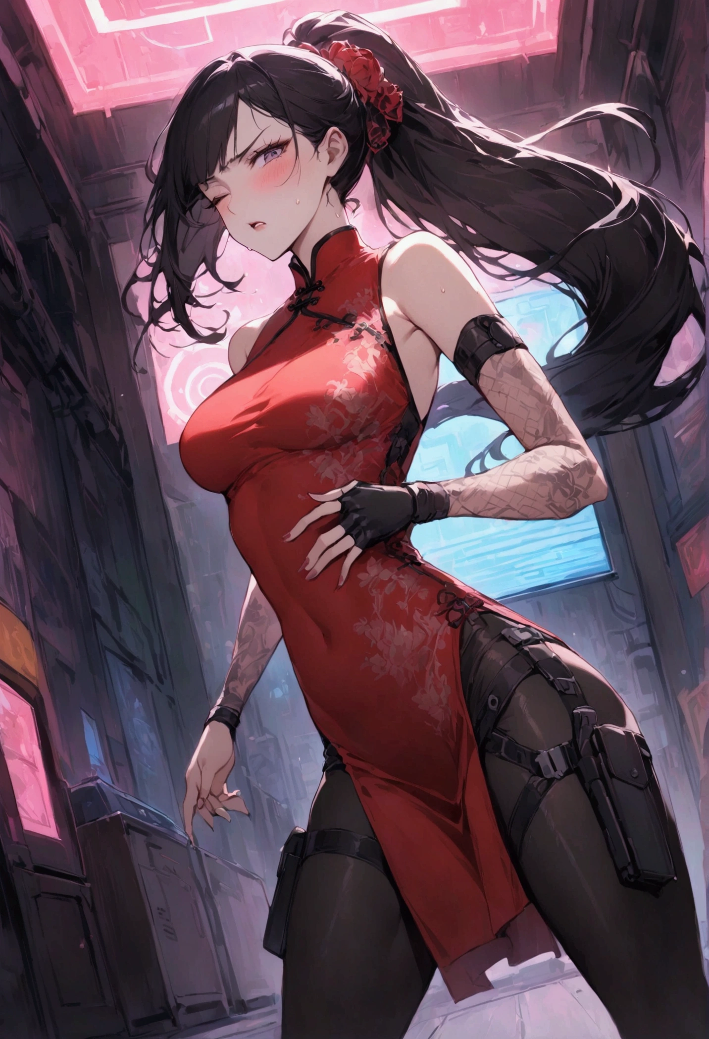 Dynamic composition,dutch angle,from side,{{masterpiece}}, {{{Highest quality}}},{{Very detailed}},{{Fight}},{{fighting stance:1.6}},{{critical situation:1.6}},{{hold down one's stomach with one's hands:1.6}},1girl,30years old,{Mature Woman}},cyberpunk,{{RED Chinese clothing:1.2}},Red sleeveless Chinese dress,pelvic curtain,black stockings,belt,black fingerless gloves,Lace arm covers,holster,{{Grit your teeth:1.4}},one eye closed, ,{{v-shaped eyebrows}},Bad mood,blush,Sweat,raise one's eyebrows ,{{View your viewers}}、Very long long hair in a ponytail.abdominal pain ,{{pain}},Inside the dojo,indoor
