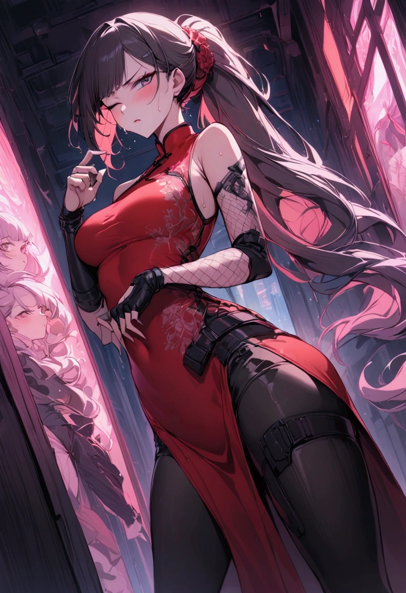 Dynamic composition,dutch angle,from side,{{masterpiece}}, {{{Highest quality}}},{{Very detailed}},{{Fight}},{{fighting stance:1.6}},{{critical situation:1.6}},{{hold down one's stomach with one's hands:1.6}},1girl,30years old,{Mature Woman}},cyberpunk,{{RED　Chinese clothing:1.2}},Red　sleeveless Chinese dress,pelvic curtain,black stockings,belt,black fingerless gloves,Lace arm covers,holster,{{Grit your teeth:1.4}},one eye closed,　,{{v-shaped eyebrows}},Bad mood,blush,Sweat,raise one's eyebrows　,{{View your viewers}}、Very long long hair in a ponytail．abdominal pain ,{{pain}},Inside the dojo,indoor