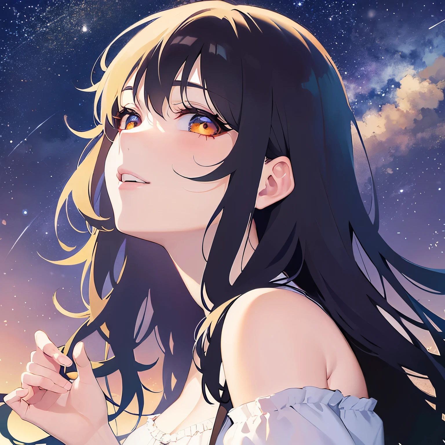 (looking away:1.5), side angle, looking up, Cleavage、Close-up of your face、(pale skin: 1.2), shiny skin, shiny hair、(A 25-year-old woman with medium-length hair and bangs) and (wavy hair) and (brown hair) and (orange eyes) , (white) and (off shoulder dress) 、open mouth, smile, The background is the night starry sky、Alone、Are standing