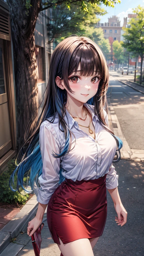 ((Highest quality, High resolution, masterpiece, detailed)),
Cowboy Shot, Written boundary depth, View your audience, Anatomically correct, 1people, woman, Perfect Face, Cute and symmetrical face, Shiny skin,
(Long Hair, Blunt bangs, Blue Hair), Chestnut brown eyes, (Large Breasts:0.8),
Beautiful details, Beautiful Hair, Beautiful Face, Beautiful clavicle, Beautiful body, Beautiful breasts, Beautiful thighs, Beautiful feet,
(White collared shirt, Red short pencil skirt, Golden Necklace),
(Beautiful views), evening, summer, walk, Tree-lined street, (Cute Smile),