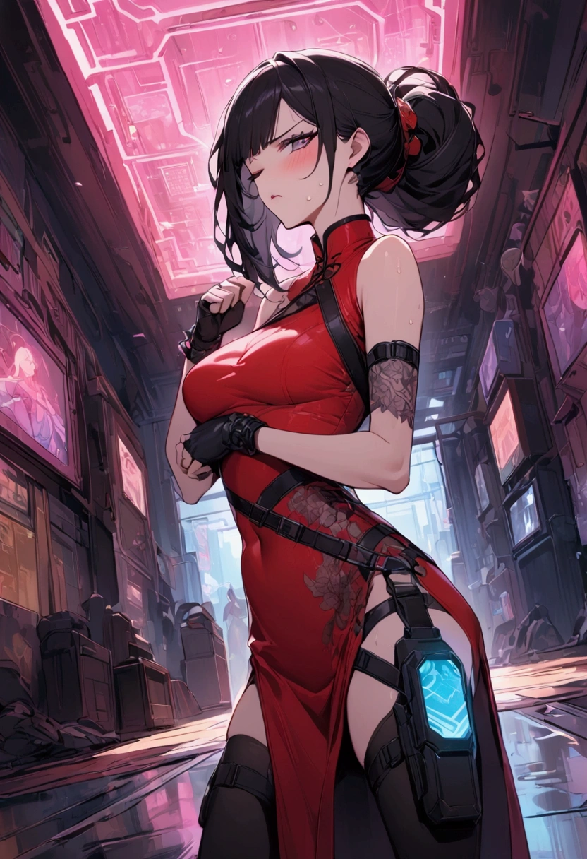 Dynamic composition,dutch angle,from side,{{masterpiece}}, {{{Highest quality}}},{{Very detailed}},{{Fight}},{{fighting stance:1.6}},{{critical situation:1.6}},{{hold down one's stomach with one's hands:1.6}},1girl,30years old,{Mature Woman}},cyberpunk,{{RED Chinese clothing:1.2}},Red sleeveless Chinese dress,pelvic curtain,black stockings,belt,black fingerless gloves,Lace arm covers,holster,{{Grit your teeth:1.4}},one eye closed, ,{{v-shaped eyebrows}},Bad mood,blush,Sweat,raise one's eyebrows ,{{View your viewers}}、Very long long hair in a ponytail.abdominal pain ,{{pain}},Inside the dojo,indoor