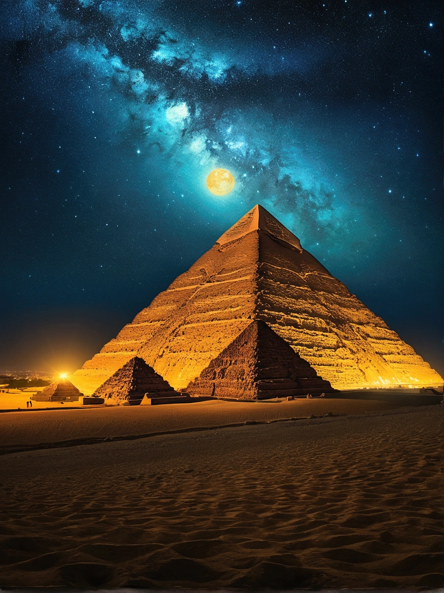 Van Gogh‘s painting style, giza pyramids night view, Star night, Color Field painting, Impressionism, chiaroscuro, vanishing point, wide shot, Ultra-Wide Angle, 8k, super detail, ccurate, best quality, masterpiece, best quality