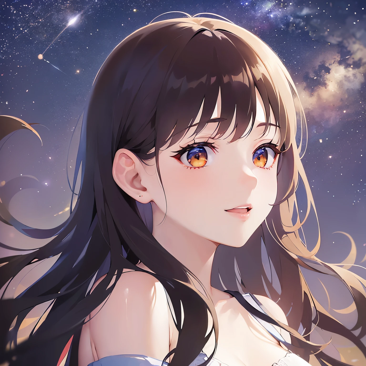 (looking away:1.5), side angle, looking up, Cleavage、Close-up of your face、(pale skin: 1.2), shiny skin, shiny hair、(A 25-year-old woman with medium-length hair and bangs) and (wavy hair) and (brown hair) and (orange eyes) , (white) and (off shoulder dress) 、open mouth, smile, The background is the night starry sky、Alone、Are standing