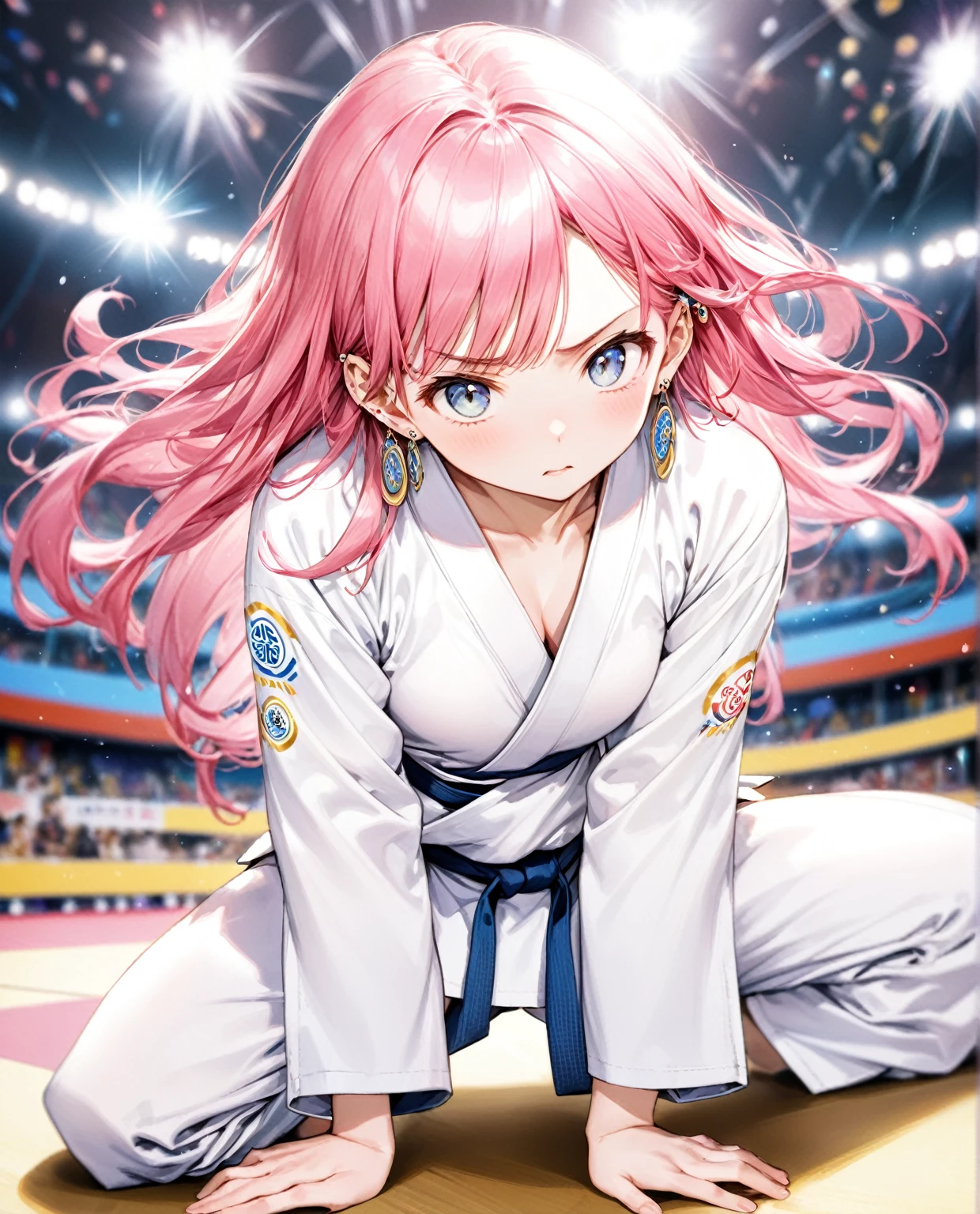 (Highest quality,8k,32K,masterpiece,Ultra-high resolution :1.2 ),born,One girl,Super cute,Natural light,Clear, shining eyes,20-year-old,Fair skin,Olympic venue electronic world fantasy background,The noble earrings are shining,The noble necklace shines,Pink Hair,Judo,Long Hair,Doing judo,Serious expression,Stuffy