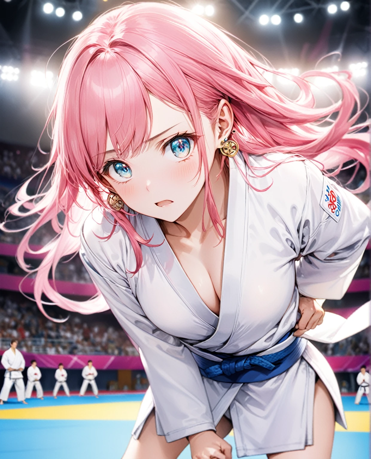 (Highest quality,8k,32K,masterpiece,Ultra-high resolution :1.2 ),born,One girl,Super cute,Natural light,Clear, shining eyes,20-year-old,Fair skin,Olympic venue electronic world fantasy background,The noble earrings are shining,The noble necklace shines,Pink Hair,Judo,Long Hair,Doing judo,Serious expression,Stuffy