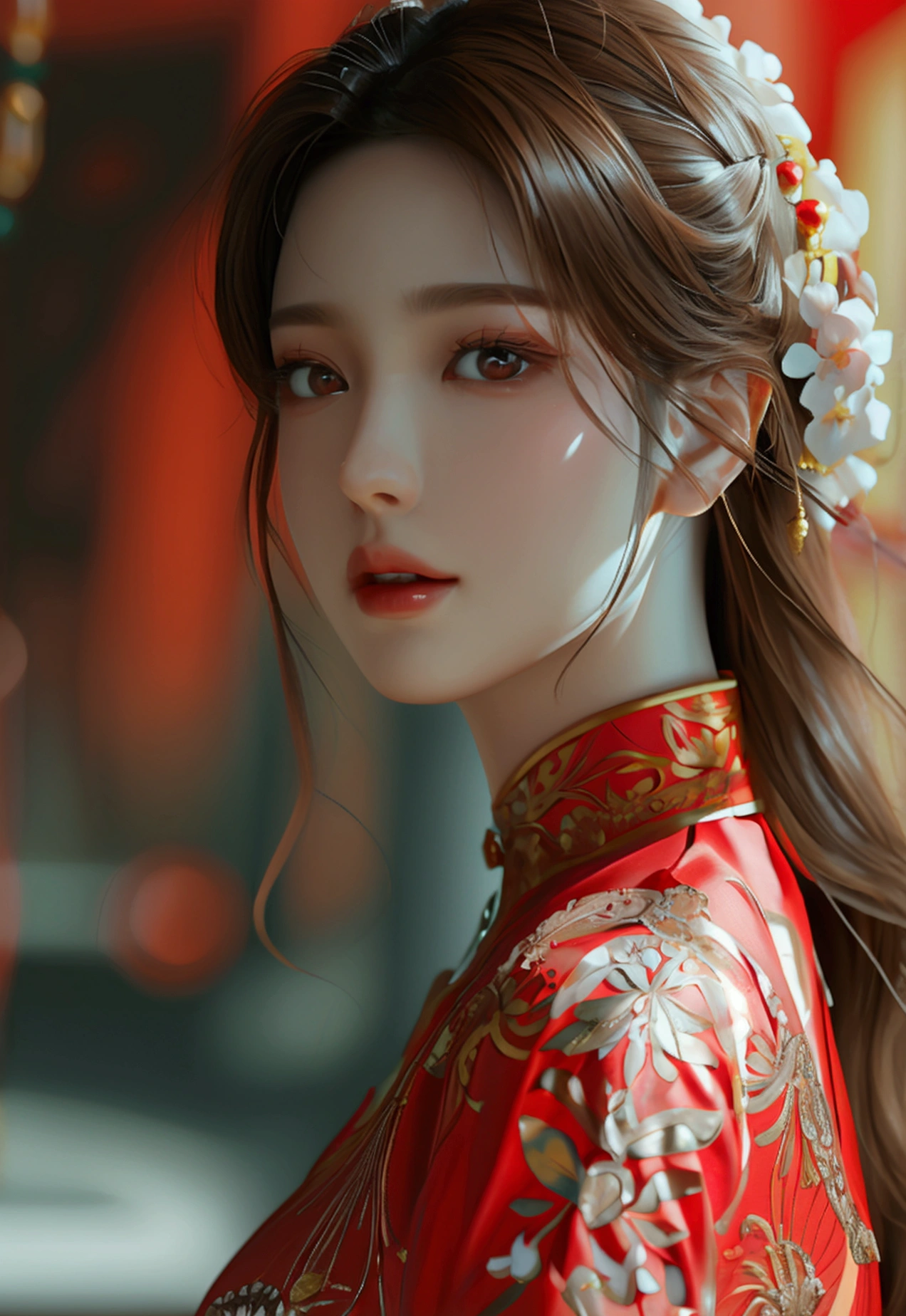 4K, UHD, Masterpiece, 1 woman, perfect body, Good page., long hairมาก, ((white skin)), red chinese dress, bare waist, Fuji Color, depth of field, Ray Tracing, Ultra Realistic Details, Attractive poses, She has a slim, beautiful, and delicate face.., sharp eyes, long hair, responsive face, high nose, and thin lips, Her skin was white and radiant.., She has light brown hair.., And her figure was slim and slightly muscular.