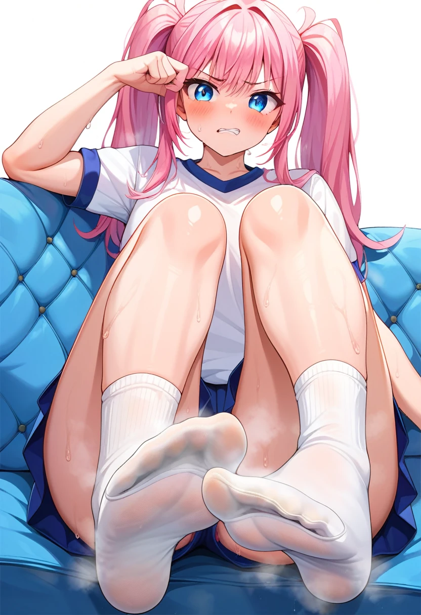 1woman, adult, solo, looking at viewer, gym clothes, socks, sweaty socks, stink, stinky feet, whole body, blushing, line of sight, ponytail, smell, close-up of feet, white socks, stinky socks, sweat scent, pink hair, in couch , belly , below shot , footstomp , pink hair, double ponytails hairstyle, blue eyes, disgusted face, disgusted, angry, ugly face. First person pov