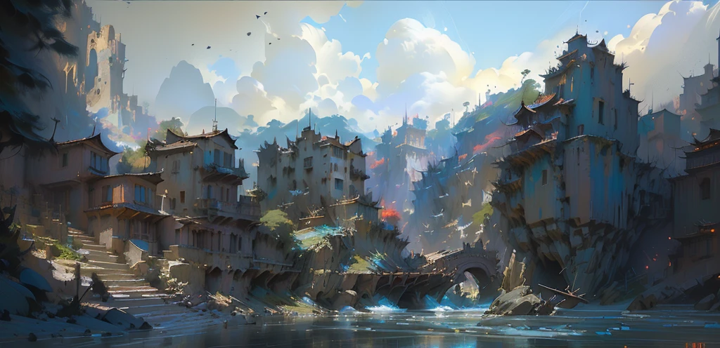 Describing a city on a cliff,Overlooking the river, amazing Concept Art, amazing! Concept Art, painterly Concept Art, Background of Fuxing Port City, Craig Mullins Style, matte painting Concept Art, author:Johan Grenier, Martin Raphael Lacoste, Naples, beautiful Concept Art, Concept Art matte painting, highly realistic Concept Art, author:Alexander Jean