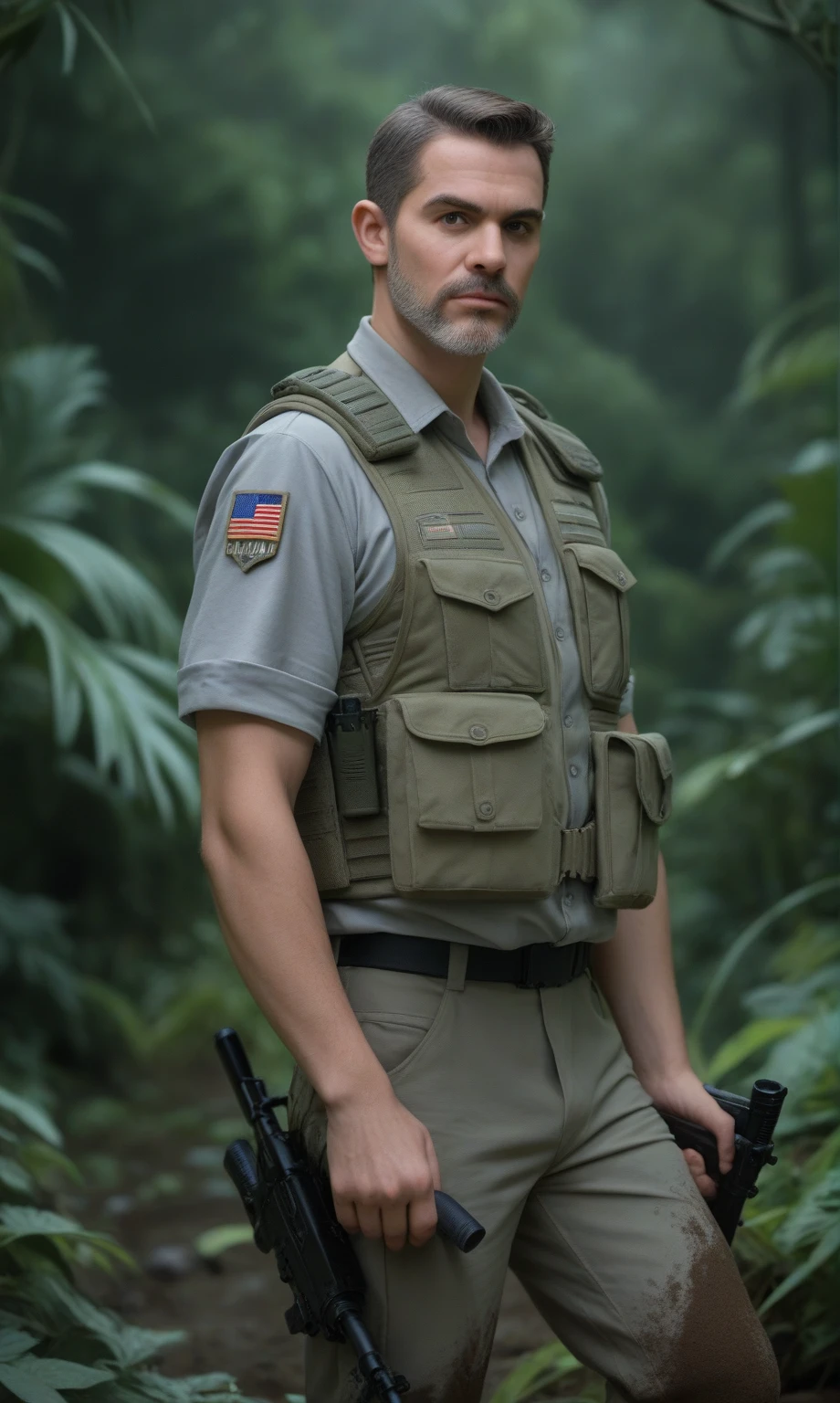 score_9, score_8_up, score_7_up, score_6_up, score_5_up, score_4_up, realistic style, photo, photorealistic, high detail, (sharp), cowboy shot, middle-aged man, (special forces soldier), short hair, stern expression, scar on face, gray beard, dressed in special forces uniform, tactical unloading, tactical vest, tactical pants, standing knee-deep in mud in the night jungle, looking at viewer, night, dark, tag1, tag2