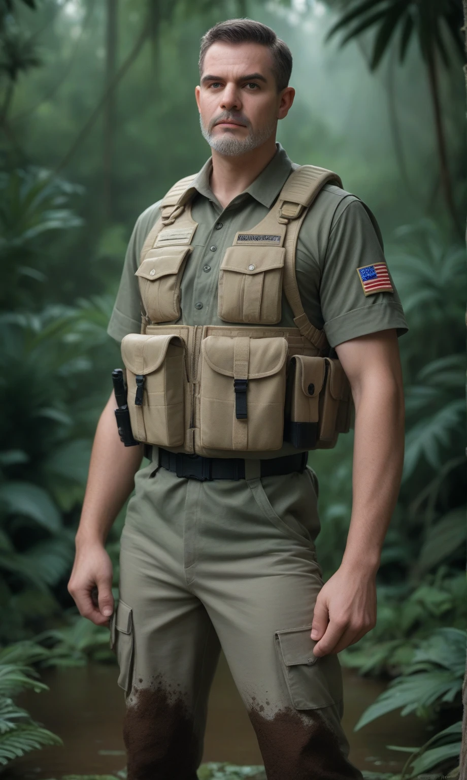 score_9, score_8_up, score_7_up, score_6_up, score_5_up, score_4_up, realistic style, photo, photorealistic, high detail, (sharp), cowboy shot, middle-aged man, (special forces soldier), short hair, stern expression, scar on face, gray beard, dressed in special forces uniform, tactical unloading, tactical vest, tactical pants, standing knee-deep in mud in the night jungle, looking at viewer, night, dark, tag1, tag2