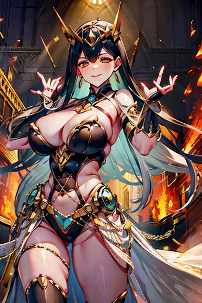 tiara, red eyes, long hair, hair between eyes, large breasts, cleavage, dress, cleavage cutout, bare thighs, high-leg, fingerless gloves, bare fingers gloves, perfect hands, perfect fingers, elbow gloves, bare shoulders, fearless face, (((5 fingers, 4 fingers and 1 thumb, super detailed hands and fingers, deep detailed hands and fingers, extremely ultra detailed beautiful hands and fingers, Anatomically accurate hands and fingers, human hands, human fingers, Naturalistic hands and fingers, Proportional hands and fingers, highly detailed fingers and hands))), ultra high res, cg unity 8k wallpaper, absurdres, showgirl skirt, adult face,