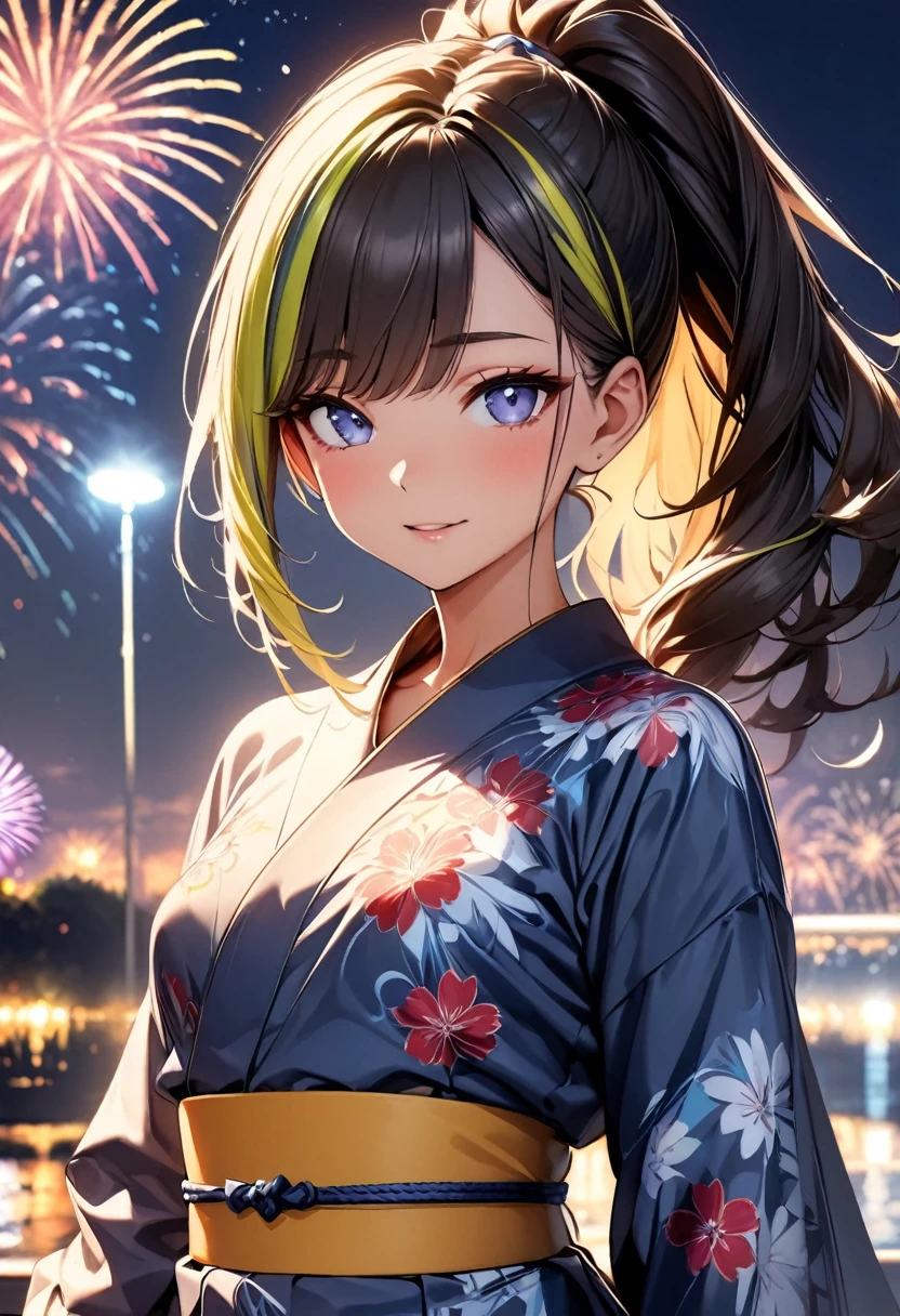 (highest quality:1.2, Very detailed, up to date, Vibrant, Ultra-high resolution, High Contrast, masterpiece:1.2, highest quality, Best aesthetics), Portraiture、girl、((25 years old:1.5)), (slim:1), 25 years old, (japanese traditional yukata), floral pattern yukata, sky blue color, thick yellow obi, Bright colors、Beautiful fine details、Beautiful lip detail、long hair、ponytail, white and yellow green ((streaked hair:1.6)), highlights hair: 1.5, (small breast,:1) (tan skin:1.1), There is a galaxy in the dark night sky, (Splendid fireworks bloom in the dark night sky),(Masterpiece fireworks),(many Colorful fireworks explode in the sky), Fireworks large and small, cowboy shot:1.5, look at viewer