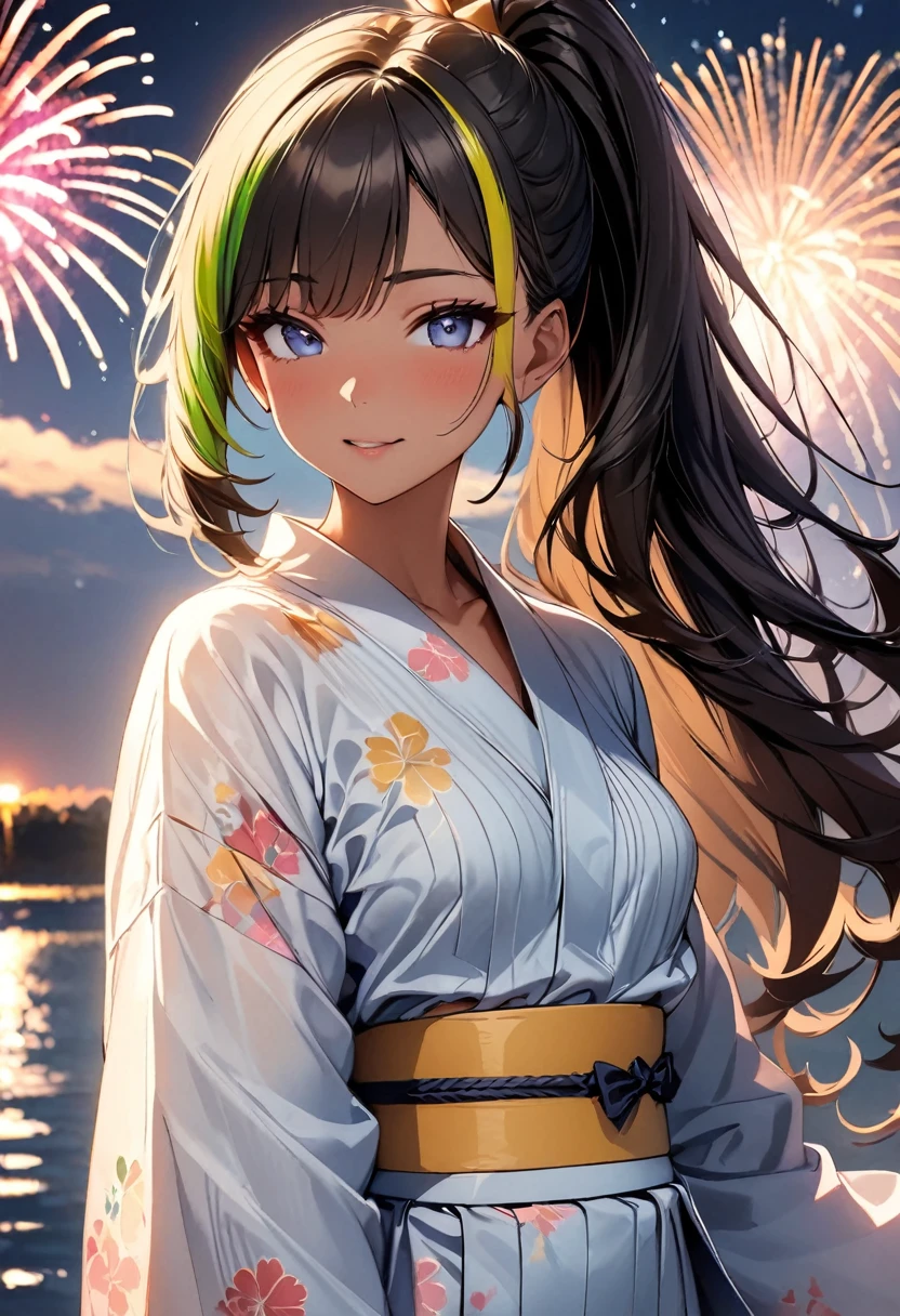 (highest quality:1.2, Very detailed, up to date, Vibrant, Ultra-high resolution, High Contrast, masterpiece:1.2, highest quality, Best aesthetics), Portraiture、girl、((25 years old:1.5)), (slim:1), 25 years old, (japanese traditional yukata), floral pattern yukata, sky blue color, thick yellow obi, Bright colors、Beautiful fine details、Beautiful lip detail、long hair、ponytail, white and yellow green ((streaked hair:1.6)), highlights hair: 1.5, (small breast,:1) (tan skin:1.1), There is a galaxy in the dark night sky, (Splendid fireworks bloom in the dark night sky),(Masterpiece fireworks),(many Colorful fireworks explode in the sky), Fireworks large and small, cowboy shot:1.5, look at viewer