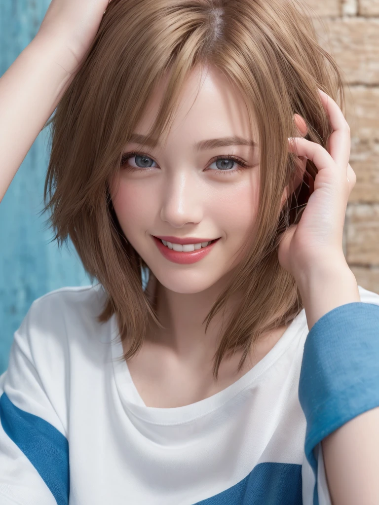(Highest quality、8k、32K、masterpiece)、(RAW Photos)、(Realisticな)、(High resolution)、Very detailedな、Very beautiful face and eyes、One Girl、Round and small face、Delicate body、(Highest quality、Rich skin detail、Highest quality、8k)、Very detailed、(Realistic、Realistic:1.37)、Vibrant colors、(((Laughter)))、(((blonde)))、(((wave hands)))、(((smile)))、(((Cowboy Shot)))、(((Frame In)))、(((White Background)))、((Medium Hair))、(((Pure white wall background)))、(((blonde)))、(((Wearing a T-shirt with a pop design)))、(((Brown and light blue T-shirt)))、(((Pure white wall background)))、