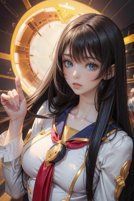 1 girl,(highly detailed skin)、best image quality,surrealist portrait,(8K),Super realistic,最high quality, high quality, High resolution, high quality texture,high detail,beautiful,become familiar with,Very detailed CG,become familiar withテクスチャー,realistic expression,masterpiece,sense of presence,dynamic,bold),long hair,(super thin hair),(super soft hair),(ultra straight hair:1.5),流した長いbangs,hair above one eye.black hair、bangs、facing forward、looking at the viewer、Two-dimensional beautiful girl、black hair、long hair、bangs、Goddess smile、cute smile、Two-dimensional beautiful girl、I、wearing a sailor suit、big breasts