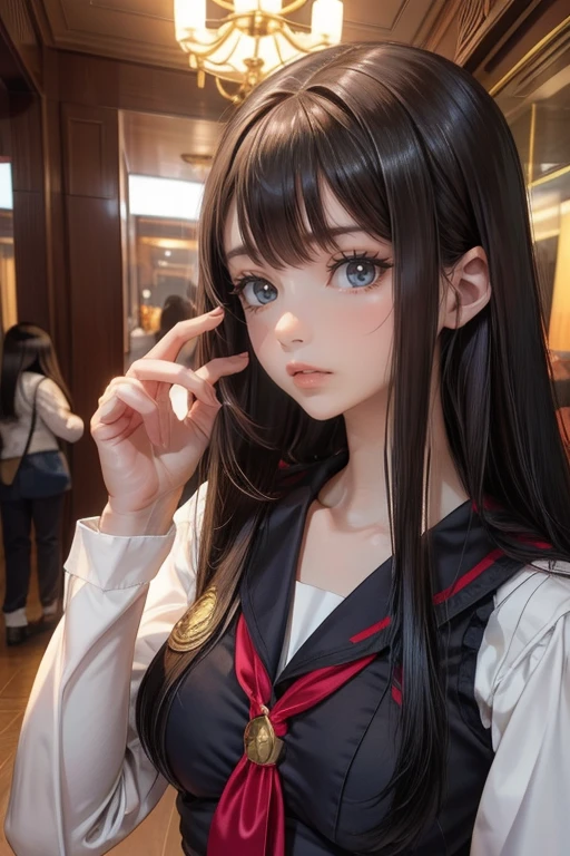 1 girl,(highly detailed skin)、best image quality,surrealist portrait,(8K),Super realistic,最high quality, high quality, High resolution, high quality texture,high detail,beautiful,become familiar with,Very detailed CG,become familiar withテクスチャー,realistic expression,masterpiece,sense of presence,dynamic,bold),long hair,(super thin hair),(super soft hair),(ultra straight hair:1.5),流した長いbangs,hair above one eye.black hair、bangs、facing forward、looking at the viewer、Two-dimensional beautiful girl、black hair、long hair、bangs、Goddess smile、cute smile、Two-dimensional beautiful girl、I、wearing a sailor suit、big breasts