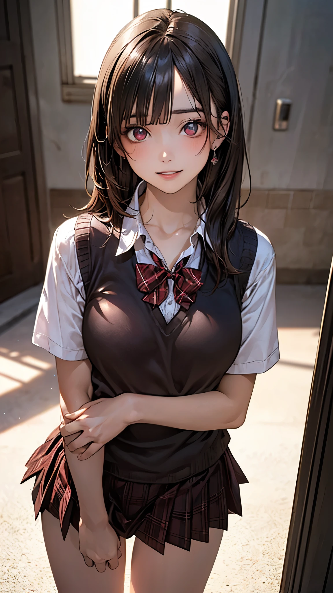 (masterpiece:1.2, top-quality), (realistic, photorealistic:1.4), beautiful illustration, (natural side lighting, movie lighting), depth of fields, nsfw,
beautiful detailed hair, beautiful detailed face, beautiful detailed eyes, beautiful clavicle, beautiful body, beautiful chest, beautiful thigh, beautiful legs,
looking at viewer, 1 girl, 12 years old, (perfect anatomy, anatomically correct, super detailed skin), cute and symmetrical face, perfect face, perfect eyes,
(long hair, straight hair:1.5, sideburns, black hair), blunt bangs, break red eyes, big eyes, long eye lasher, (medium breasts, seductive thighs), perfect body, shiny skin, pink skin,
(detailed cloth texture, break short sleeve white collared shirt, break (brown knit vest), break dark brown pleated skirt, break dark red plaid bow tie), break
(beautiful scenery), (school crassroom:1.2), standing, (lovely smile, parted lips),