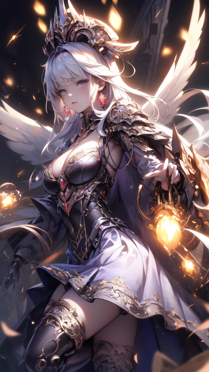 ((Highest quality)), ((Truly a masterpiece)), ((Ultra-detailed:1.4)), ((Ultra-Photorealistic 3D)), Android Magical Girl, Mechanical body, Dynamic action poses for battle scenes, Very complex and heavy fighter aircraft mechanical armament, Off-the-shoulder fashion that combines steampunk and gothic ta with attention to detail, Intricate steampunk headgear, Very thin、Over-the-knee reggae mechanical boots、Fluttering lace flare mini skirt、 Beautiful small breasts directed upwards、Swaying in the Wind、Long, curly silver hair,、Countless large, shining spheres fly around、Lots of sparks cross and fly、Countless neon lights pouring down from the magical pose、Complex and precise mechanical Night City、Very dark background、Very dramatic and cinematic lighting、Big wings on the back8Growing in Sheets。