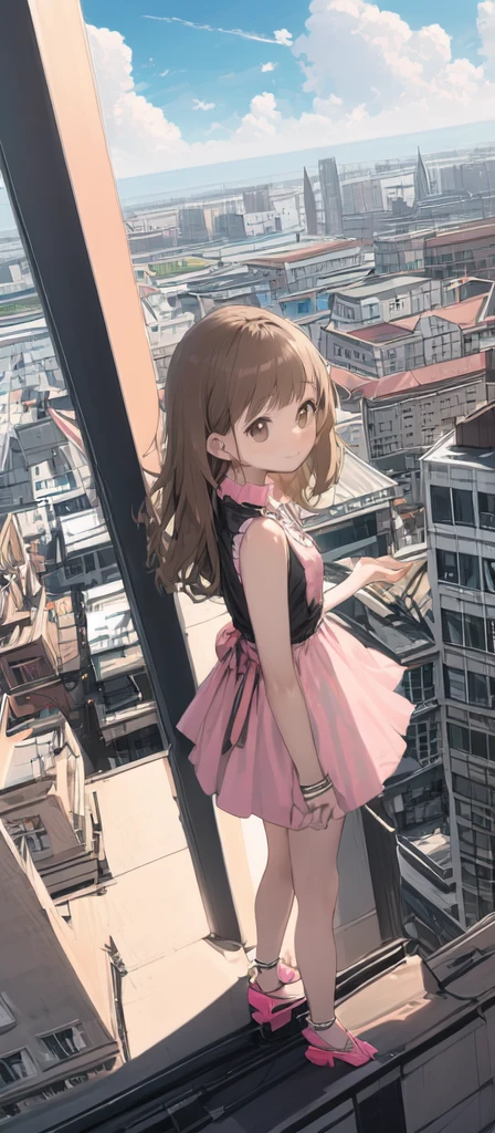 (masterpiece, best quality),from above , 1littlegirl, solo,billboard, brown eyes, brown hair, building, city, cloudy sky, pink sleeveless short dress,pink sandal, crane \(machine\), dutch angle, from side, light frown, looking at viewer, outdoors, rooftop, sky, skyscraper