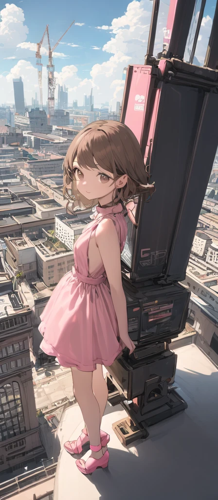 (masterpiece, best quality),from above , 1littlegirl, solo,billboard, brown eyes, brown hair, building, city, cloudy sky, pink sleeveless short dress,pink sandal, crane \(machine\), dutch angle, from side, light frown, looking at viewer, outdoors, rooftop, sky, skyscraper