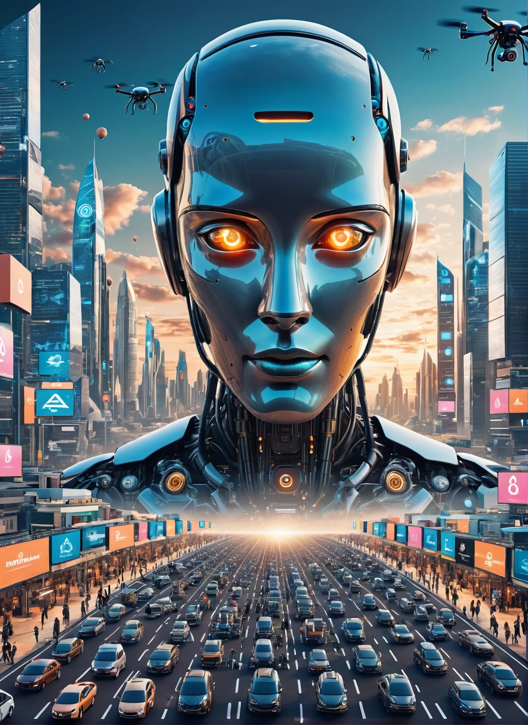 A thought-provoking poster depicting a futuristic cityscape with robots and AI entities intermingling with human beings. The sky is filled with drones, and digital billboards display various AI-related concepts. The main focus of the poster is a large, central image of a thinking, human-like AI face with a question mark for an eye, symbolizing the uncertainty and ethical dilemmas surrounding Artificial Intelligence. The background is a blend of warm and cool tones, creating a sense of balance between the technological and human worlds., poster