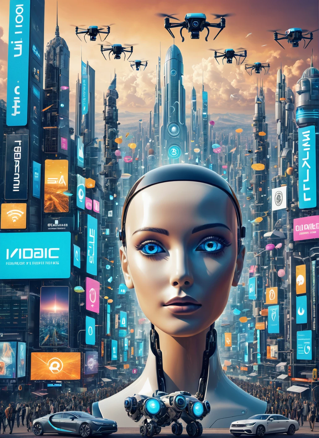 A thought-provoking poster depicting a futuristic cityscape with robots and AI entities intermingling with human beings. The sky is filled with drones, and digital billboards display various AI-related concepts. The main focus of the poster is a large, central image of a thinking, human-like AI face with a question mark for an eye, symbolizing the uncertainty and ethical dilemmas surrounding Artificial Intelligence. The background is a blend of warm and cool tones, creating a sense of balance between the technological and human worlds., poster