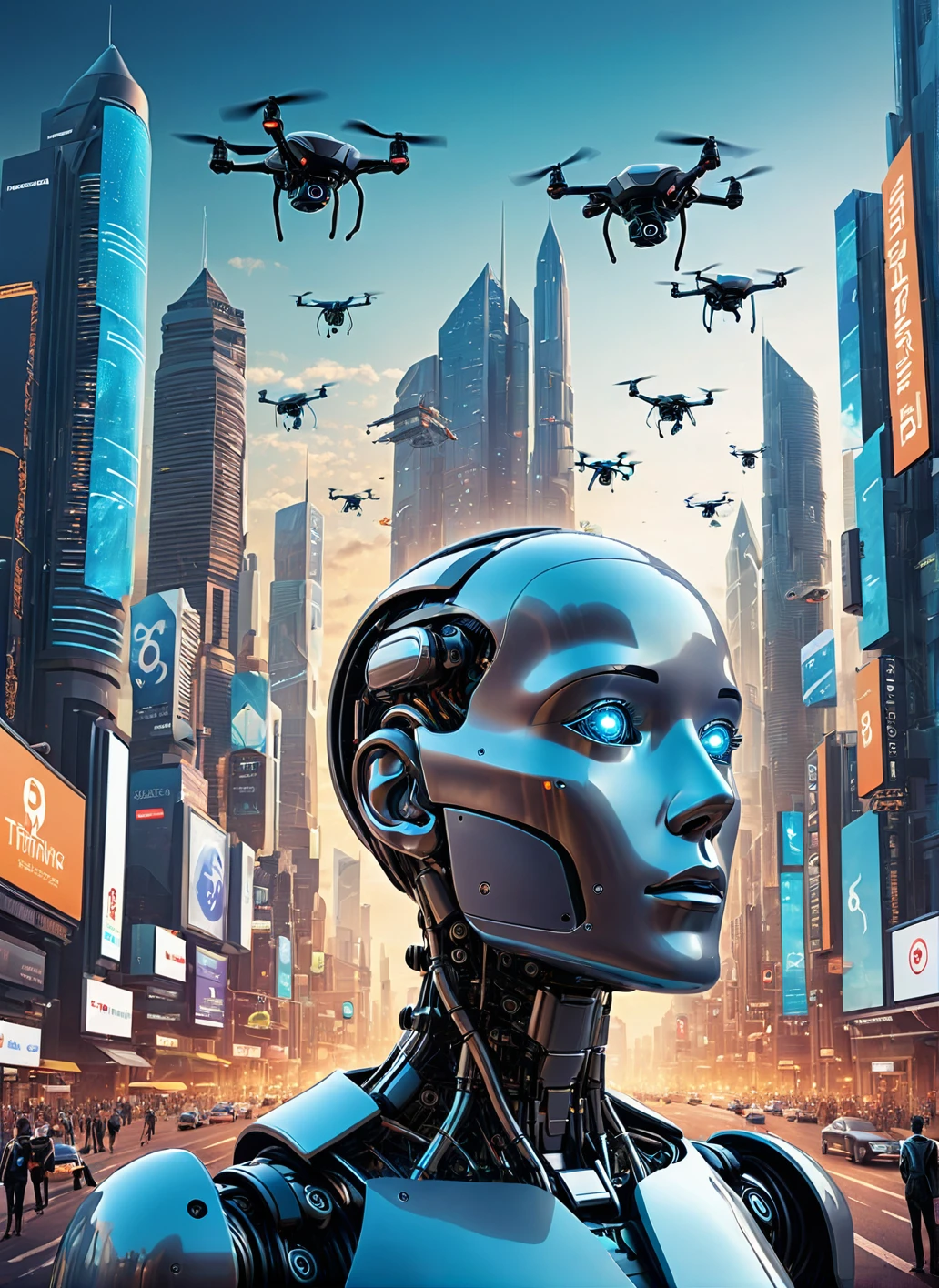 A thought-provoking poster depicting a futuristic cityscape with robots and AI entities intermingling with human beings. The sky is filled with drones, and digital billboards display various AI-related concepts. The main focus of the poster is a large, central image of a thinking, human-like AI face with a question mark for an eye, symbolizing the uncertainty and ethical dilemmas surrounding Artificial Intelligence. The background is a blend of warm and cool tones, creating a sense of balance between the technological and human worlds., poster