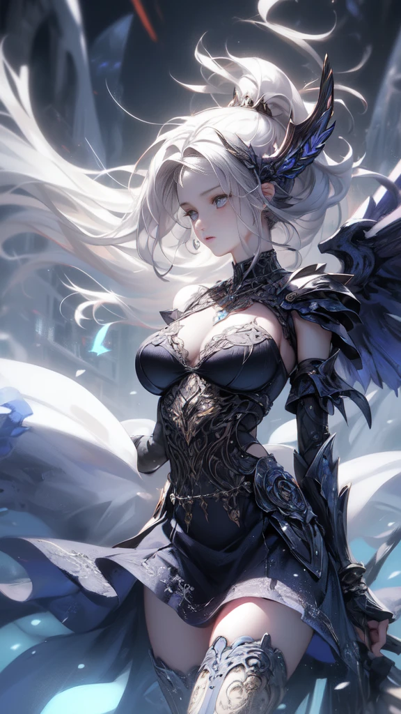 ((Highest quality)), ((Truly a masterpiece)), ((Ultra-detailed:1.4)), ((Ultra-Photorealistic 3D)), Android Magical Girl, Mechanical body, Dynamic action poses for battle scenes, Very complex and heavy fighter aircraft mechanical armament, Off-the-shoulder fashion that combines steampunk and gothic with attention to detail, Intricate steampunk headgear, Very thin、Over-the-knee reggae mechanical boots、Fluttering lace flare mini skirt、 Beautiful small breastted upwards、Swaying in the Wind、Long, curly silver hair,、Countless large, shining spheres fly around、Lots of sparks cross and fly、Countless neon lights pouring down from the magical pose、Complex and precise mechanical Night City、Very dark background、Very dramatic and cinematic lighting、Big wings on the back8Growing in Sheets。