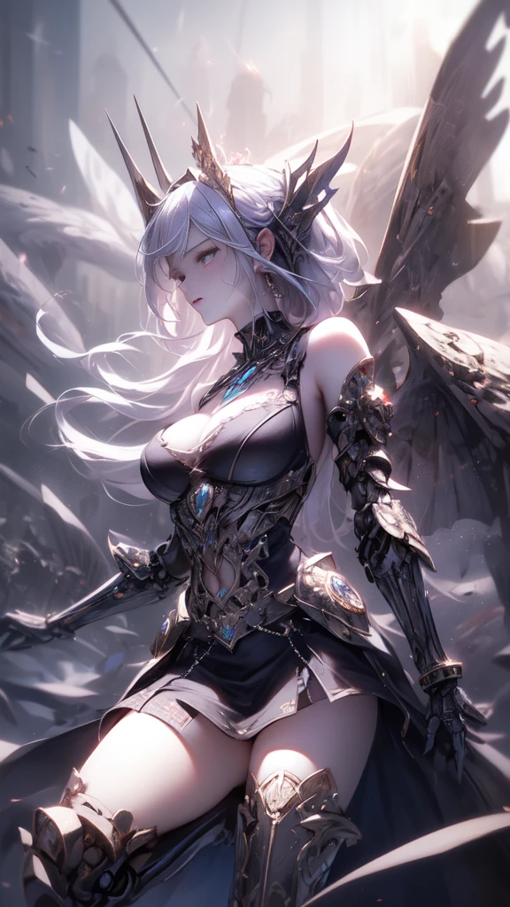 ((Highest quality)), ((Truly a masterpiece)), ((Ultra-detailed:1.4)), ((Ultra-Photorealistic 3D)), Android Magical Girl, Mechanical body, Dynamic action poses for battle scenes, Very complex and heavy fighter aircraft mechanical armament, Off-the-shoulder fashion that combines steampunk and gothic ta with attention to detail, Intricate steampunk headgear, Very thin、Over-the-knee reggae mechanical boots、Fluttering lace flare mini skirt、 Beautiful small breasts directed upwards、Swaying in the Wind、Long, curly silver hair,、Countless large, shining spheres fly around、Lots of sparks cross and fly、Countless neon lights pouring down from the magical pose、Complex and precise mechanical Night City、Very dark background、Very dramatic and cinematic lighting、Big wings on the back8Growing in Sheets。