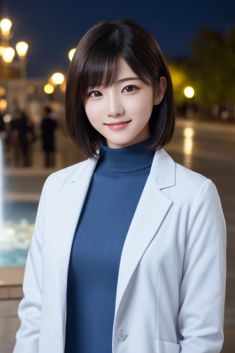 masterpiece, Highest quality, One Woman, (White coat、Light blue turtleneck:1.2), 22 years old、(RAW Photos, Highest quality), (reality, Realistic:1.4), Upper Body、Clean look、Iris、very detailed eyes and face, Beautiful and detailed nose, beautiful eyes, Cinema Lighting, (Plein Air:1.3), Fountain at night, Reflection of light, Perfect Anatomy、Black short hair、bangs、Crystal skin, A cool smile、Face Focus