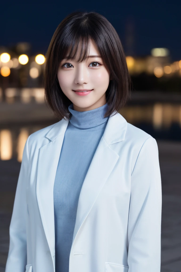 masterpiece, Highest quality, One Woman, (White coat、Light blue turtleneck:1.2), 22 years old、(RAW Photos, Highest quality), (reality, Realistic:1.4), Upper Body、Clean look、Iris、very detailed eyes and face, Beautiful and detailed nose, beautiful eyes, Cinema Lighting, (Plein Air:1.3), Fountain at night, Reflection of light, Perfect Anatomy、Black short hair、bangs、Crystal skin, A cool smile、Face Focus