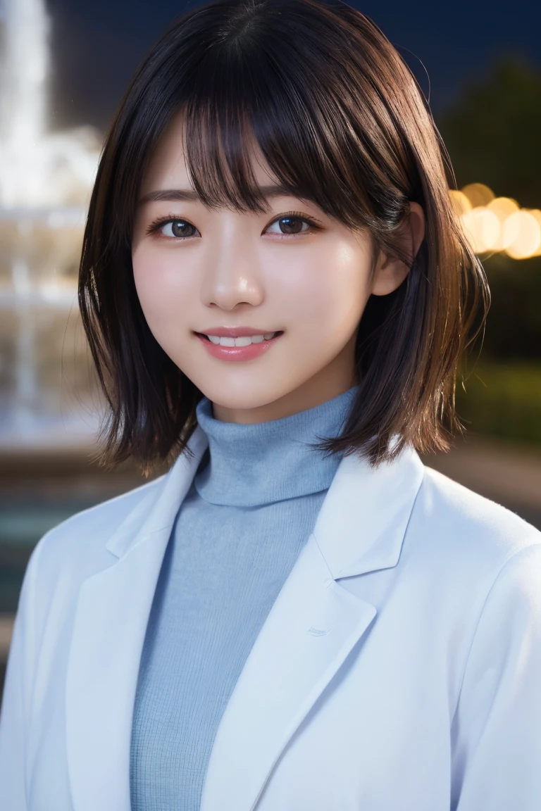 masterpiece, Highest quality, One Woman, (White coat、Light blue turtleneck:1.2), 22 years old、(RAW Photos, Highest quality), (reality, Realistic:1.4), Upper Body、Clean look、Iris、very detailed eyes and face, Beautiful and detailed nose, beautiful eyes, Cinema Lighting, (Plein Air:1.3), Fountain at night, Reflection of light, Perfect Anatomy、Black short hair、bangs、Crystal skin, A cool smile、Face Focus