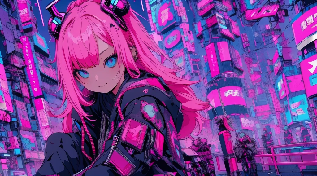 Pink hair anime girl sitting on a chair in a neon city, Cyberpunk Anime Girl in hoodie, Cyberpunk Anime Girl, Anime Style 4k, Anime Cyberpunk art, Best anime 4k konachan wallpaper, digital Cyberpunk anime art, female Cyberpunk Anime Girl, Digital Cyberpunk - Anime Art, Cyberpunk anime art, Anime Cyberpunk, Cyberpunk Streetwear, Cyberpunk art style、Gal、smile、Long Hair